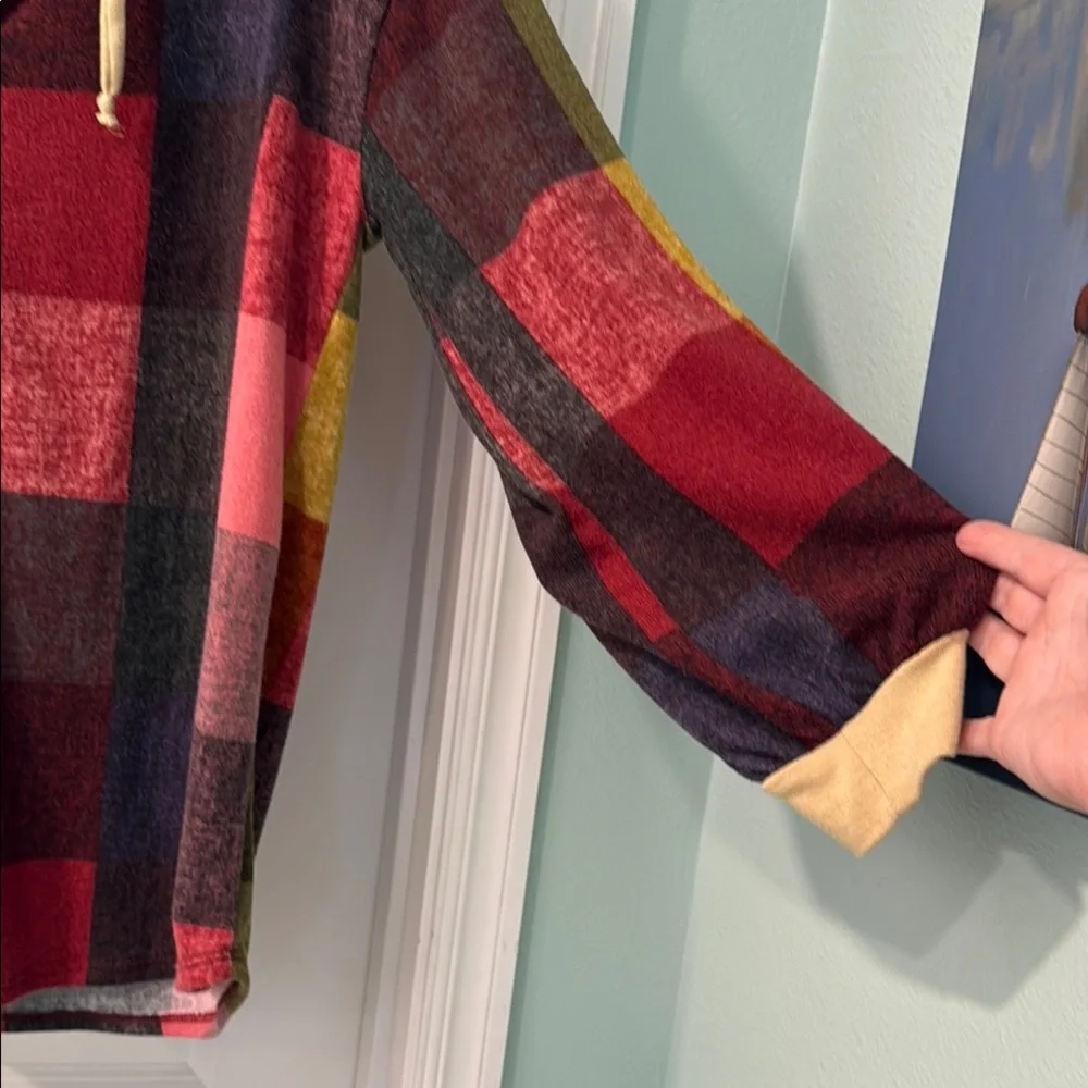 BiBi Plaid Hooded V-neck Cozy Knit - Picture 4 of 7